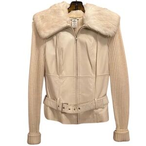 Cache Y2K Ivory Wool and Leather Moto Jacket with Fur Collar